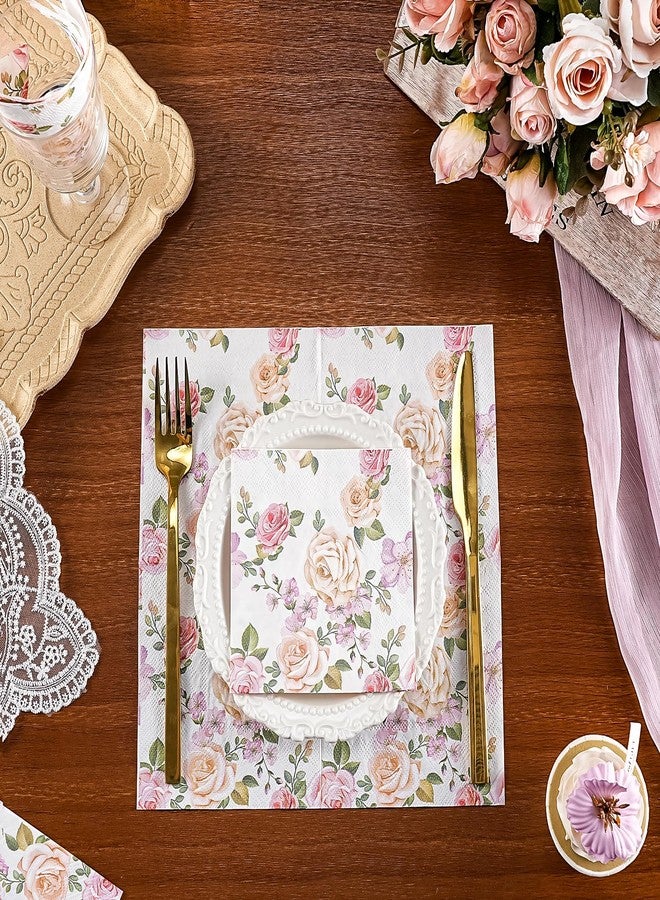 WRAPAHOLIC 50Pcs Pink Floral Cocktail Napkins - 3-Ply Pink Rose and Blossom Disposable Paper Napkins for Wedding Party Tableware Party Supplies - 5 x 5 In - Image 4